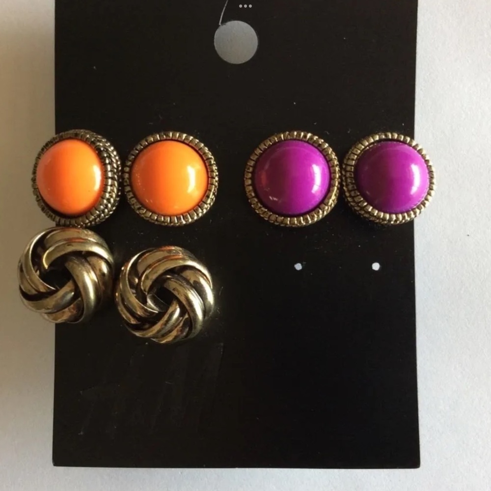 NEW H&M EARRINGS SET OF 3 H&M ORANGE PURPLE GOLD ROUND EARRINGS VINTAGE